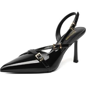 Susanny Slingback Heels for Women Closed Pointed Toe Strappy Dress Pumps Comfortable Stiletto Kitten Heels Sexy Buckle Strap Dressy Slip On Shoes for Wedding Bridal Party Work