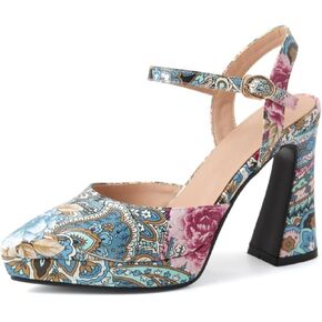 Women's Floral Pattern Platform Chunky High Heels Sandals Pointed Closed Toe Ankle Strap Buckle Wedding Party Prom Dress Pumps Shoes