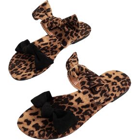 MakeMeChic Women's Leopard Print Bow Flat Sandals Double Strap Open Toe Slide Sandals