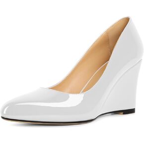 Soireelady Wedge Heel Pumps Round Closed Toe Slip On High Heel Wedges Comfortable Dress Shoes 3.5 Inches