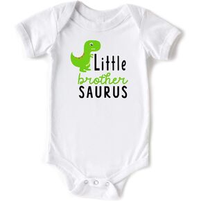 Little Brother Saurus Cute Baby Boy Green Dino Short Sleeve Bodysuit