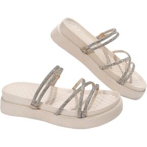 MakeMeChic Women's Rhinestone Strappy Beach Sandals Open Round Toe Flat Slides Summer Shoes