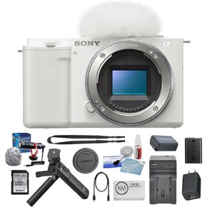 كاميرا Sony ZV-E10 المرآة مع عدسة 16-50 مم | حزمة بيضاء مع مجموعة ملحقات Sony Vlogger + مرشح UV + بطارية وشاحن + قطعة قماش تنظيف + مجموعة تنظيف (7 عناصر)