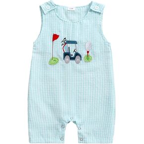 Infant Boy Girl Golf Romper Newborn Baby Overalls Plaid Print Shortall Sleeveless Button Embroidery Golf Jumpsuit