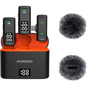 Wireless Collar Double Microphone with Charging Case,Type-C Connector with Lightning Head Adapter,24H Working Time,Low-Latency,Digital Display,Plug & Play,1.5H Recharge Time - Black