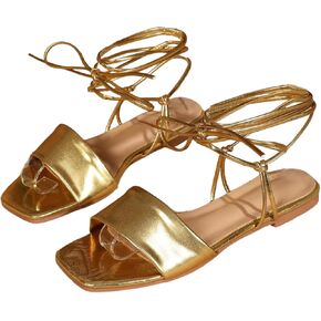 Gorglitter Women's Criss Cross Lace Up Flat Sandals Square Square Square مفتوح