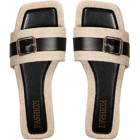 SHENHE Women's Colorblock Buckle Decor Flat Sandals Textured Square Open Toe Slide Shoes