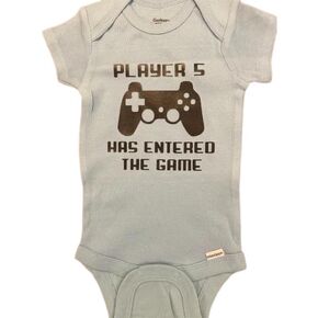 third child baby onesie ® Player 5 has entered the game one piece infant one piece shower gift