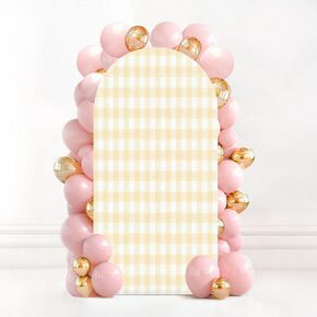 7.2FT Wedding Arch Backdrop Cover Brown Seamless Gingham Spandex Fitted Round Top Arch Stand Covers for Birthday Party Baby Shower Banquet Decoration