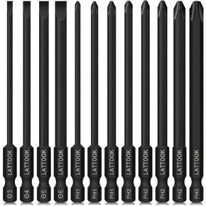 12 Piece Slotted Phillips Screwdriver Bit Set, LATTOOK 1/4 Inch Hex Shank S2 Steel Magnetic Slotted Phillips Driver Bit Set, 4 Inch Long Drill Bits, SL3, SL4, SL5, SL6, PH1, PH2, PH3