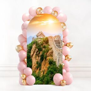 7.2FT Wedding Arch Backdrop Cover Magnificent Great Wall China Sunset Spandex Fitted Round Top Arch Stand Covers for Birthday Party Baby Shower Banquet Decoration