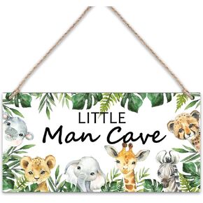 Jungle Animal Little Man Cave Sign Watercolor Safari Wooden Hanging Sign with Hemp Rope Woodland Room Wall Decoration for Baby Bedroom Nursery Door Porch