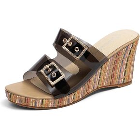 getmorebeauty Women's Platform Wedge Sandals with Rhinestone Buckle Strap Open Toe Slip On High Heels Summer Dressy Shoes