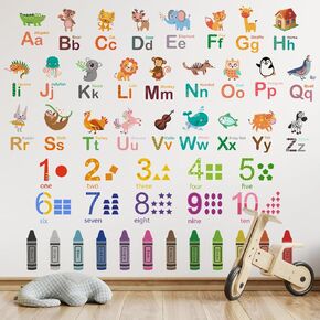 Cartoon Animals Alphabet Wall Decals Numbers and Colouring Pencils Wall Stickers for Kids Room Removable Educational Learning ABC Letter Number Wall Art Murals for Toddlers Bedroom Classroom Decor 194