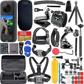 insta360 X3 - Waterproof 360 Action Camera with 1/2" 48MP Sensors, 5.7K 360 HDR Video, 72MP 360 Photo Bundle with 64gb Memory + High Speed Card Reader & 50 Piece Accessory Kit