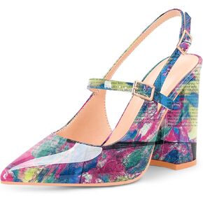 Women's Chunky High Heel Pumps Pointed Toe Slingback Buckle Strap Patent Leather Dress Shoes