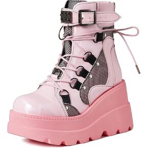 Women's Gothic Platform Combat Boots with Bat Wings Lace-up with Buckle Straps Ankle Boots Chunky Platform Sole Fashion Studded Motorcycle Boots