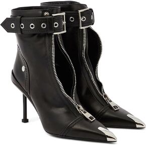 Ankle Boots for Women Block Belt Buckle Front Zipper Elegant Pointed Toe High Stilettos Heels Shorts Leather Booties