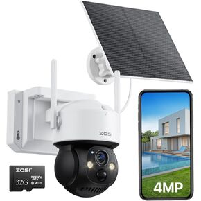 ZOSI C291 2.5K 4MP Wireless Battery Security Camera Outdoor, Solar Powered Pan/Tilt Camera, 360 View, PIR Human Detect, Auto Track, Color Night Vision, 2-Way Talk, Spotlight Siren Alarm, 32GB SD Card