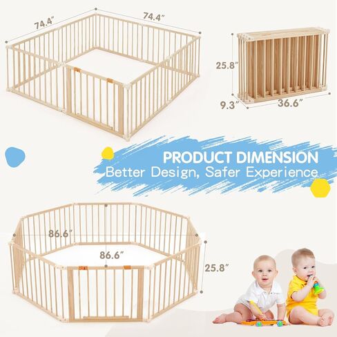 Wooden Baby Playpen Extra Large, 74"×74" Foldable Play Fence for Babies and Toddlers,Safety Play Yard with Locking Gate, Changeable & Expandable Kids Activity Center (8 Panel) in Saudi Arabia