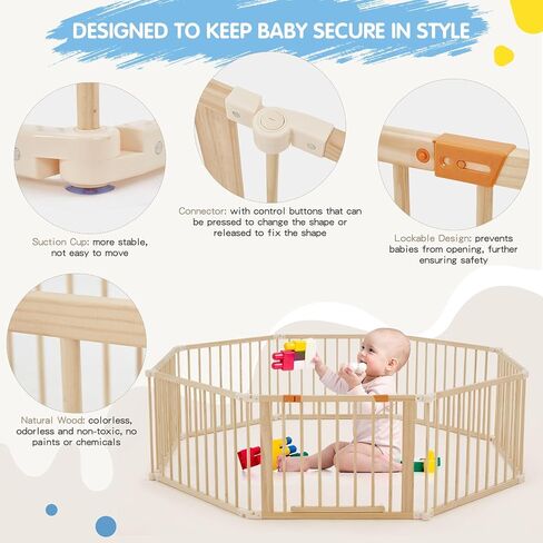 Wooden Baby Playpen Extra Large, 74"×74" Foldable Play Fence for Babies and Toddlers,Safety Play Yard with Locking Gate, Changeable & Expandable Kids Activity Center (8 Panel) in Saudi Arabia