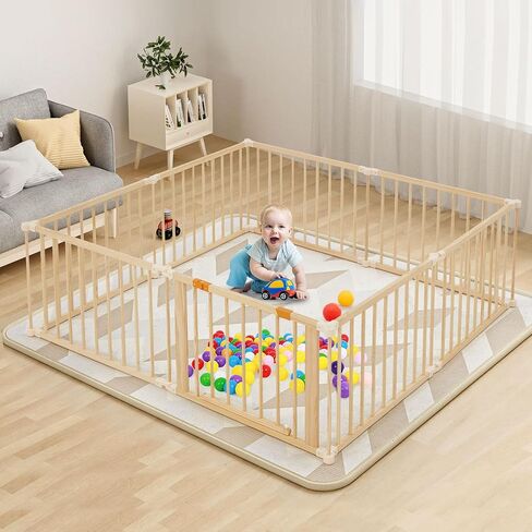 Wooden Baby Playpen Extra Large, 74"×74" Foldable Play Fence for Babies and Toddlers,Safety Play Yard with Locking Gate, Changeable & Expandable Kids Activity Center (8 Panel) in Saudi Arabia