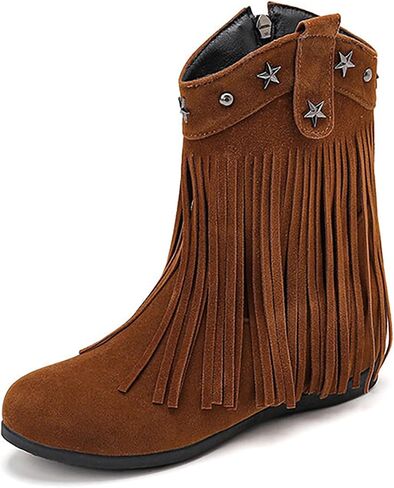 Women'S Suede Hidden Wedge Tassel Ankle Boots Fashion Round Toe Side Zipper Slip-On Flat Mocassion Ankle Boots Casual Vintage Western Western Cowgirl Boots in Saudi Arabia