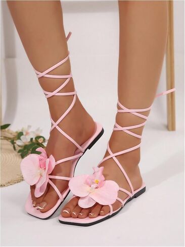 Verdusa Women's 3D Flower Strappy Sandals Lace Up Square Toe Roman Sandals in Saudi Arabia