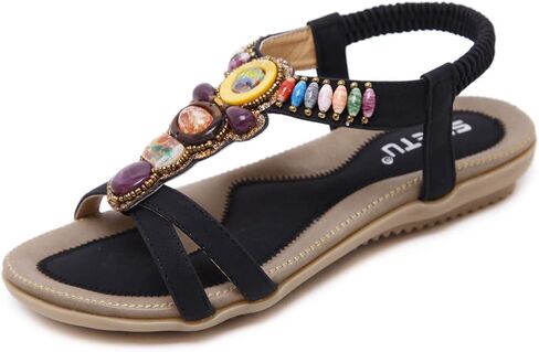 Women's Open Toe Sandals Summer Bohemia Rhinestone Flower Bead Folk Boho Beach Flip Flops Elastic Shoes Size 6.5-12.5 US in Saudi Arabia