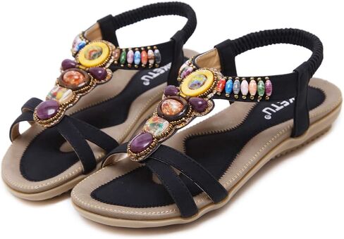 Women's Open Toe Sandals Summer Bohemia Rhinestone Flower Bead Folk Boho Beach Flip Flops Elastic Shoes Size 6.5-12.5 US in Saudi Arabia