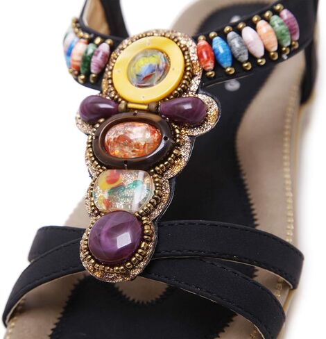 Women's Open Toe Sandals Summer Bohemia Rhinestone Flower Bead Folk Boho Beach Flip Flops Elastic Shoes Size 6.5-12.5 US in Saudi Arabia