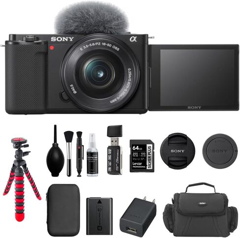 Sony ZV-E10 Mirrorless Camera with 16-50mm Lens | White Bundle with 64GB Memory Card, UV Filter, 8" Flexipod, Spare Battery & Charger, KC-25 Camera Shoulder Bag, Deluxe Cleaning Kit and Cloth in Saudi Arabia