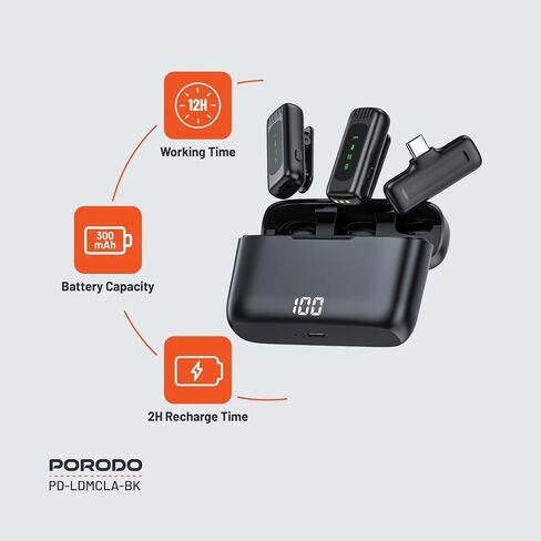 طوق لاسلكي ميكروفون مزدوج مع علبة الشحن ، موصل Type-C مع محول رأس Lightning ، وقت عمل 24 ساعة ، والكلية المنخفضة ، والشاشة الرقمية ، والتوصيل والتشغيل ، ووقت إعادة الشحن 1.5 ساعة-أسود in Saudi Arabia