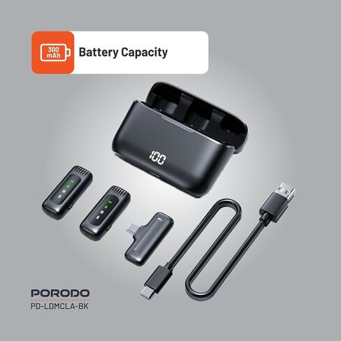 طوق لاسلكي ميكروفون مزدوج مع علبة الشحن ، موصل Type-C مع محول رأس Lightning ، وقت عمل 24 ساعة ، والكلية المنخفضة ، والشاشة الرقمية ، والتوصيل والتشغيل ، ووقت إعادة الشحن 1.5 ساعة-أسود in Saudi Arabia