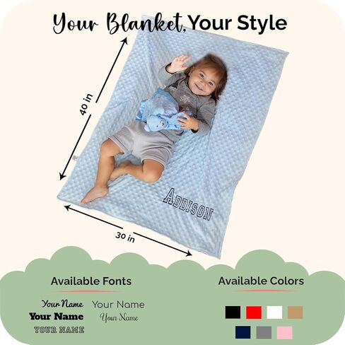 Personalized Baby Blanket for Boys, Newborn Soft Custom Blanket with Name - 30" by 40" Minky Blankets for Personalized Baby Gifts (Blue and Grey) in Saudi Arabia