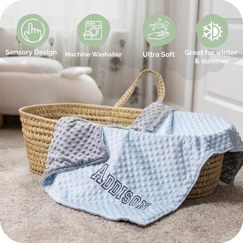 Personalized Baby Blanket for Boys, Newborn Soft Custom Blanket with Name - 30" by 40" Minky Blankets for Personalized Baby Gifts (Blue and Grey) in Saudi Arabia