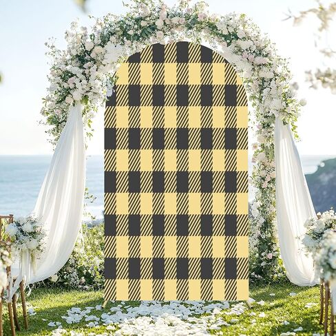 7.2FT Wedding Arch Backdrop Cover Yellow Seamless Gingham Spandex Fitted Round Top Arch Stand Covers for Birthday Party Baby Shower Banquet Decoration in Saudi Arabia