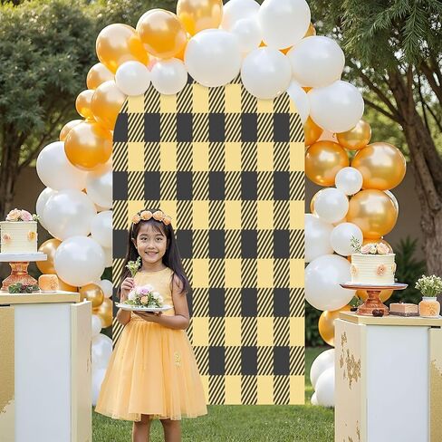 7.2FT Wedding Arch Backdrop Cover Yellow Seamless Gingham Spandex Fitted Round Top Arch Stand Covers for Birthday Party Baby Shower Banquet Decoration in Saudi Arabia