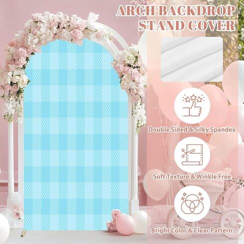 7.2FT Wedding Arch Backdrop Cover Blue Seamless Gingham Spandex Fitted Round Top Arch Stand Covers for Birthday Party Baby Shower Banquet Decoration in Saudi Arabia