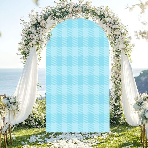 7.2FT Wedding Arch Backdrop Cover Blue Seamless Gingham Spandex Fitted Round Top Arch Stand Covers for Birthday Party Baby Shower Banquet Decoration in Saudi Arabia