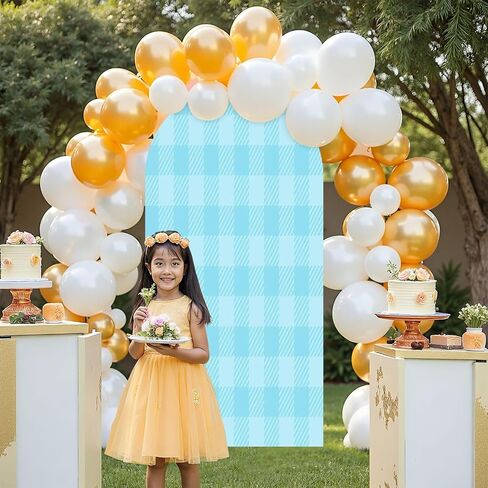 7.2FT Wedding Arch Backdrop Cover Blue Seamless Gingham Spandex Fitted Round Top Arch Stand Covers for Birthday Party Baby Shower Banquet Decoration in Saudi Arabia