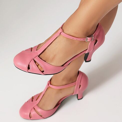Elerhythm Women's Mary Jane Vintage T Strap Closed Round Toe Heels Retro 1950s Pumps 1920s Victorian Shoes in Kuwait