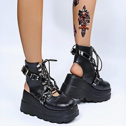 Women's Gothic Platform Combat Boots with Bat Wings Lace-up with Buckle Straps Ankle Boots Chunky Platform Sole Fashion Studded Motorcycle Boots in Saudi Arabia