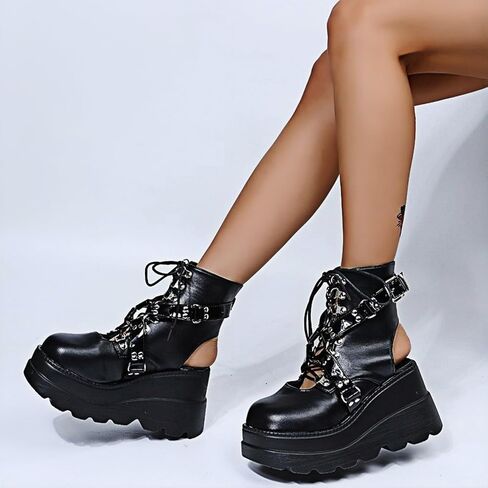Women's Gothic Platform Combat Boots with Bat Wings Lace-up with Buckle Straps Ankle Boots Chunky Platform Sole Fashion Studded Motorcycle Boots in Saudi Arabia
