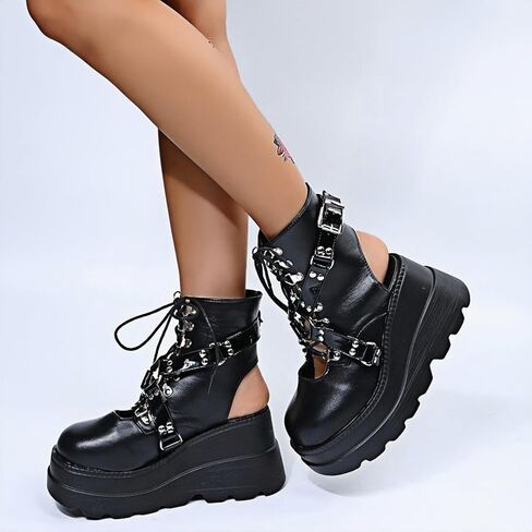 Women's Gothic Platform Combat Boots with Bat Wings Lace-up with Buckle Straps Ankle Boots Chunky Platform Sole Fashion Studded Motorcycle Boots in Saudi Arabia