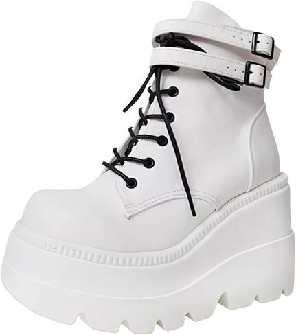 Women's Gothic Platform Combat Boots with Bat Wings Lace-up with Buckle Straps Ankle Boots Chunky Platform Sole Fashion Studded Motorcycle Boots in Saudi Arabia