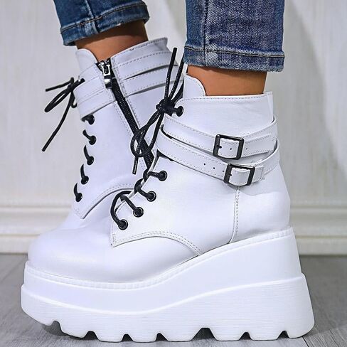 Women's Gothic Platform Combat Boots with Bat Wings Lace-up with Buckle Straps Ankle Boots Chunky Platform Sole Fashion Studded Motorcycle Boots in Saudi Arabia
