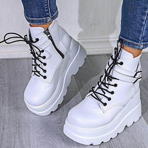 Women's Gothic Platform Combat Boots with Bat Wings Lace-up with Buckle Straps Ankle Boots Chunky Platform Sole Fashion Studded Motorcycle Boots in Saudi Arabia