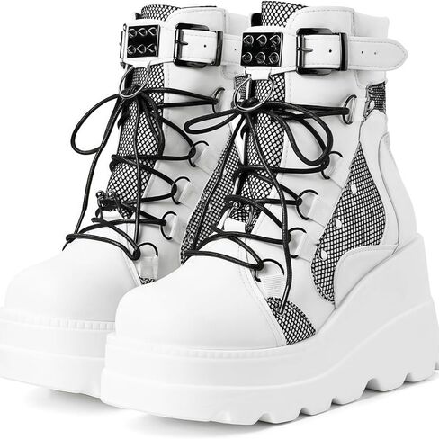 Women's Gothic Platform Combat Boots with Bat Wings Lace-up with Buckle Straps Ankle Boots Chunky Platform Sole Fashion Studded Motorcycle Boots in Saudi Arabia