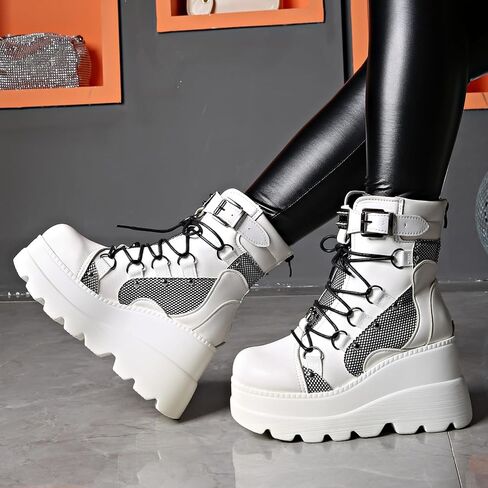 Women's Gothic Platform Combat Boots with Bat Wings Lace-up with Buckle Straps Ankle Boots Chunky Platform Sole Fashion Studded Motorcycle Boots in Saudi Arabia